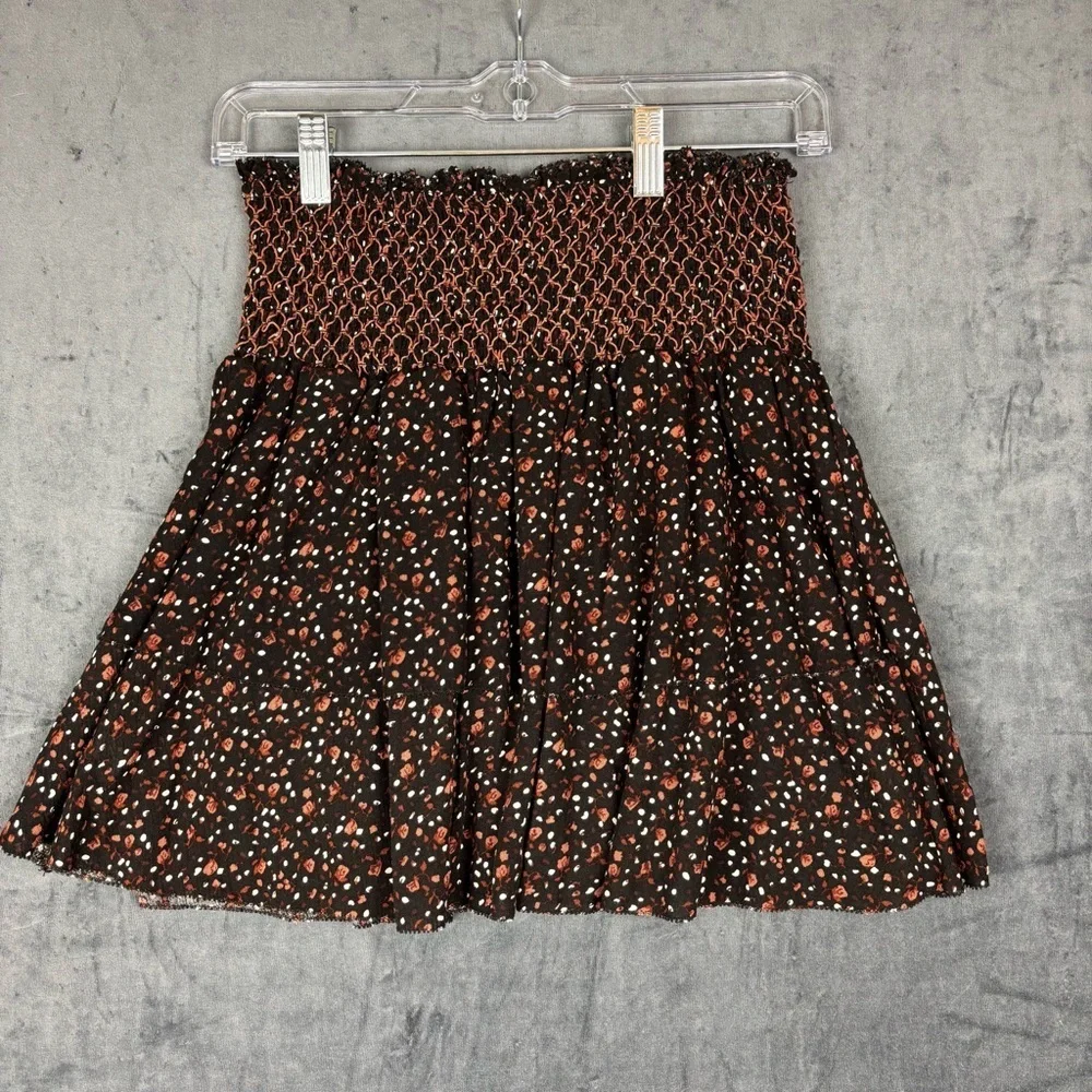 Altar'd State Brown and White Floral Smocked Skater Mini Skirt